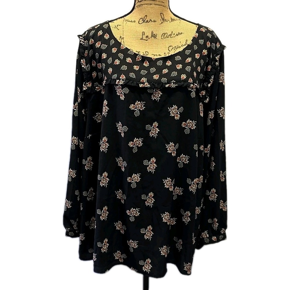 Loft Black Floral Peasant Blouse Plus sz 26 Boho Romantic Long Sleeve Top
